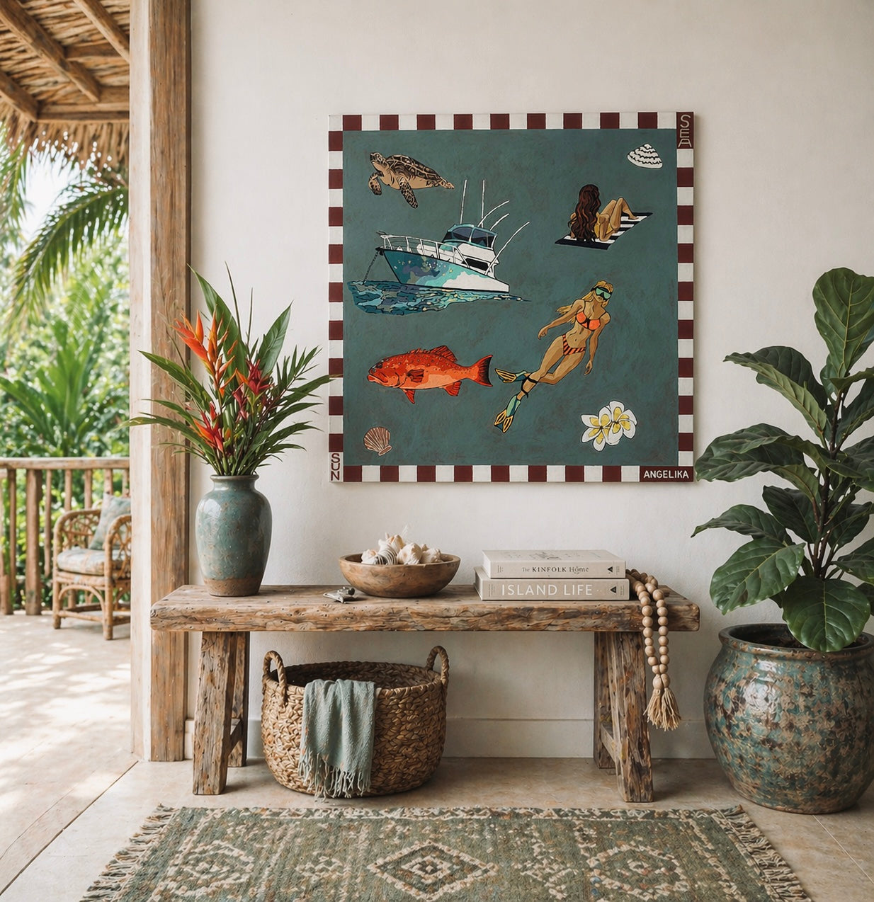 Decorative wall art above a wooden bench with plants and a rug on a patio.
