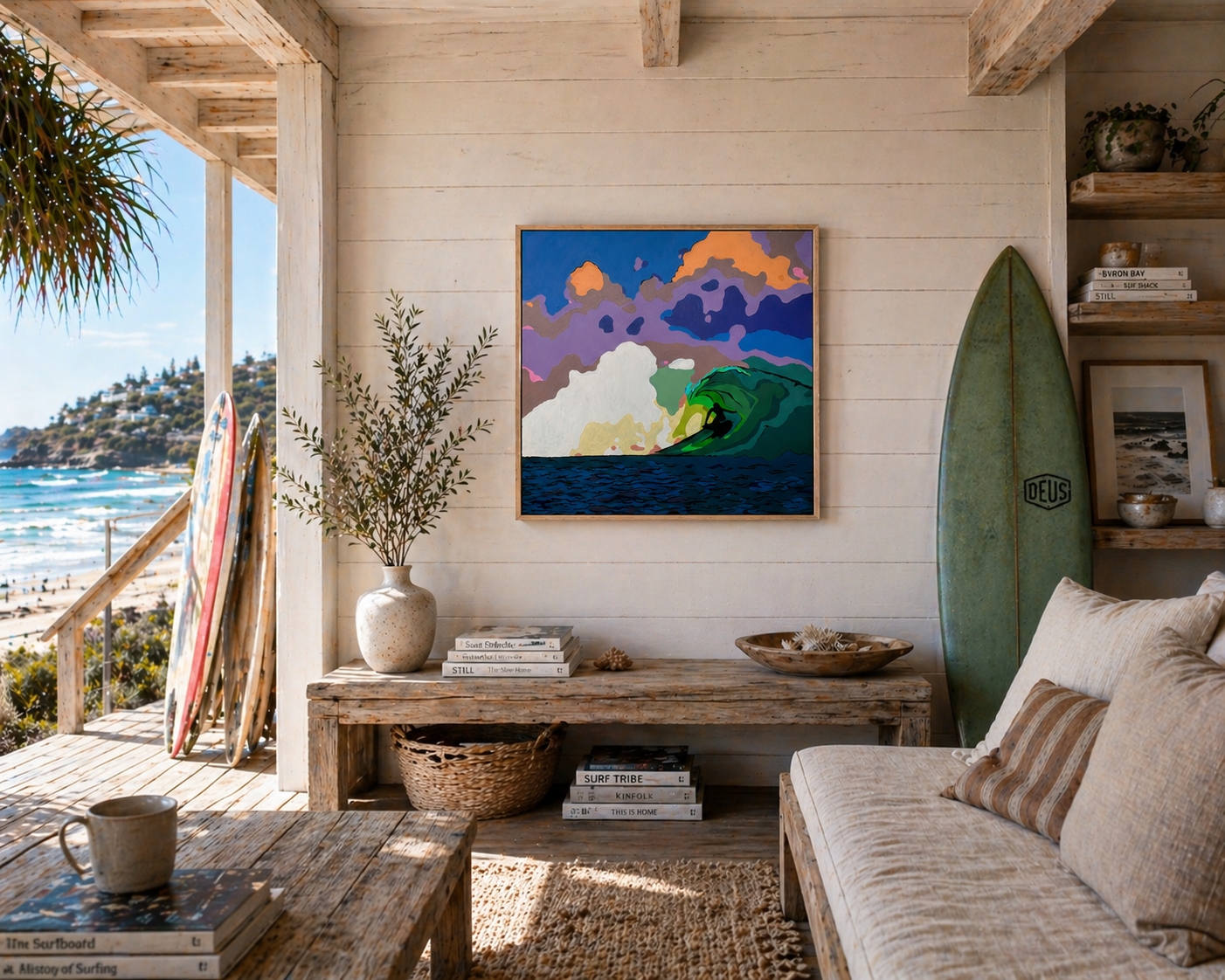 Living room with ocean view, surfboard, and artwork on a wooden wall.