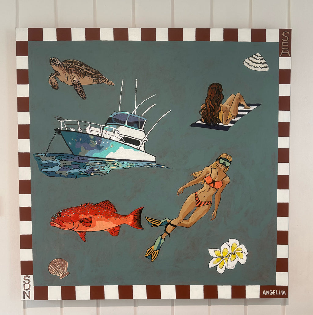 Decorative panel with beach-themed illustrations including a boat, fish, and people in swimsuits.