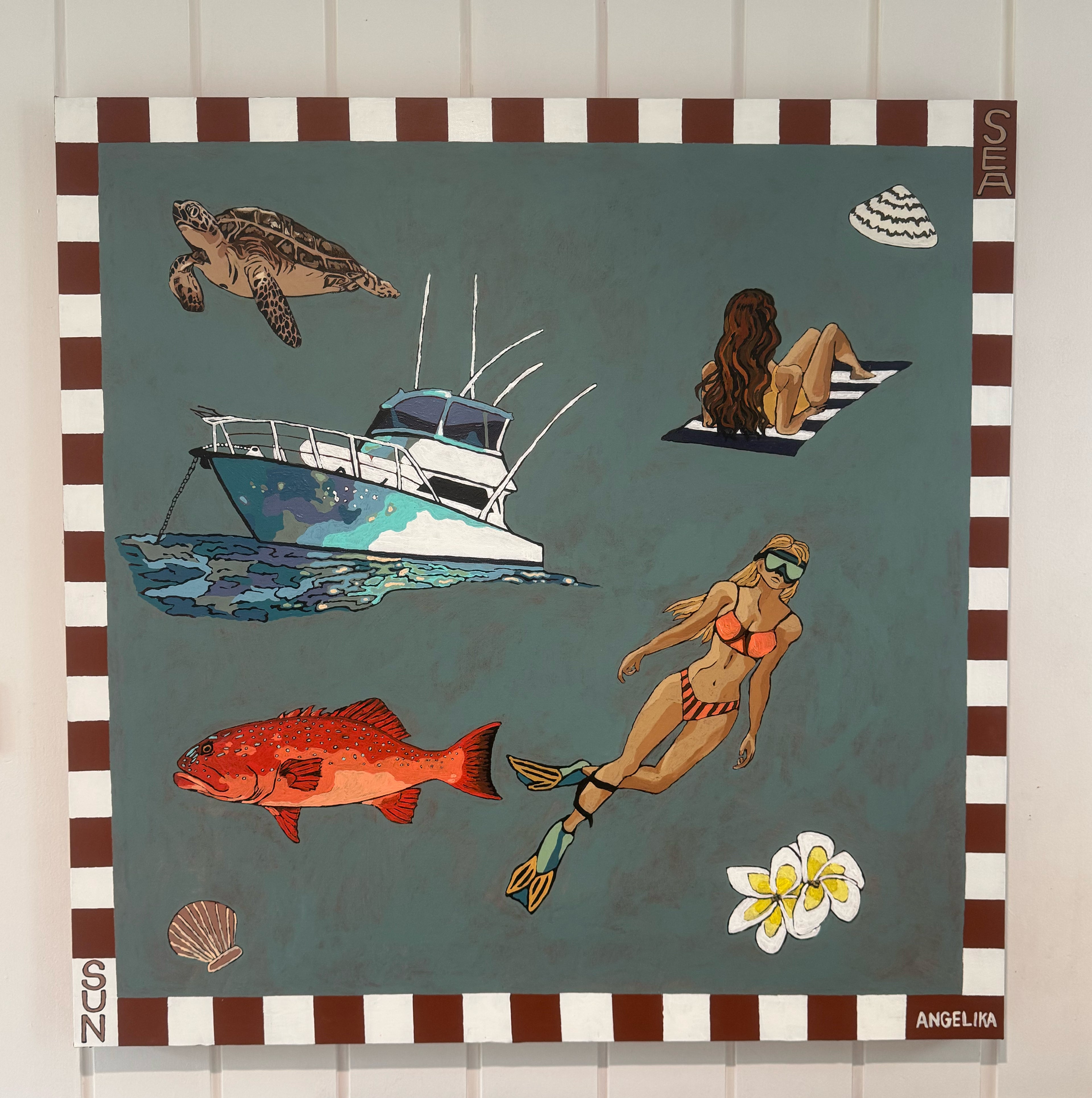 Decorative panel with beach-themed illustrations including a boat, fish, and people in swimsuits.
