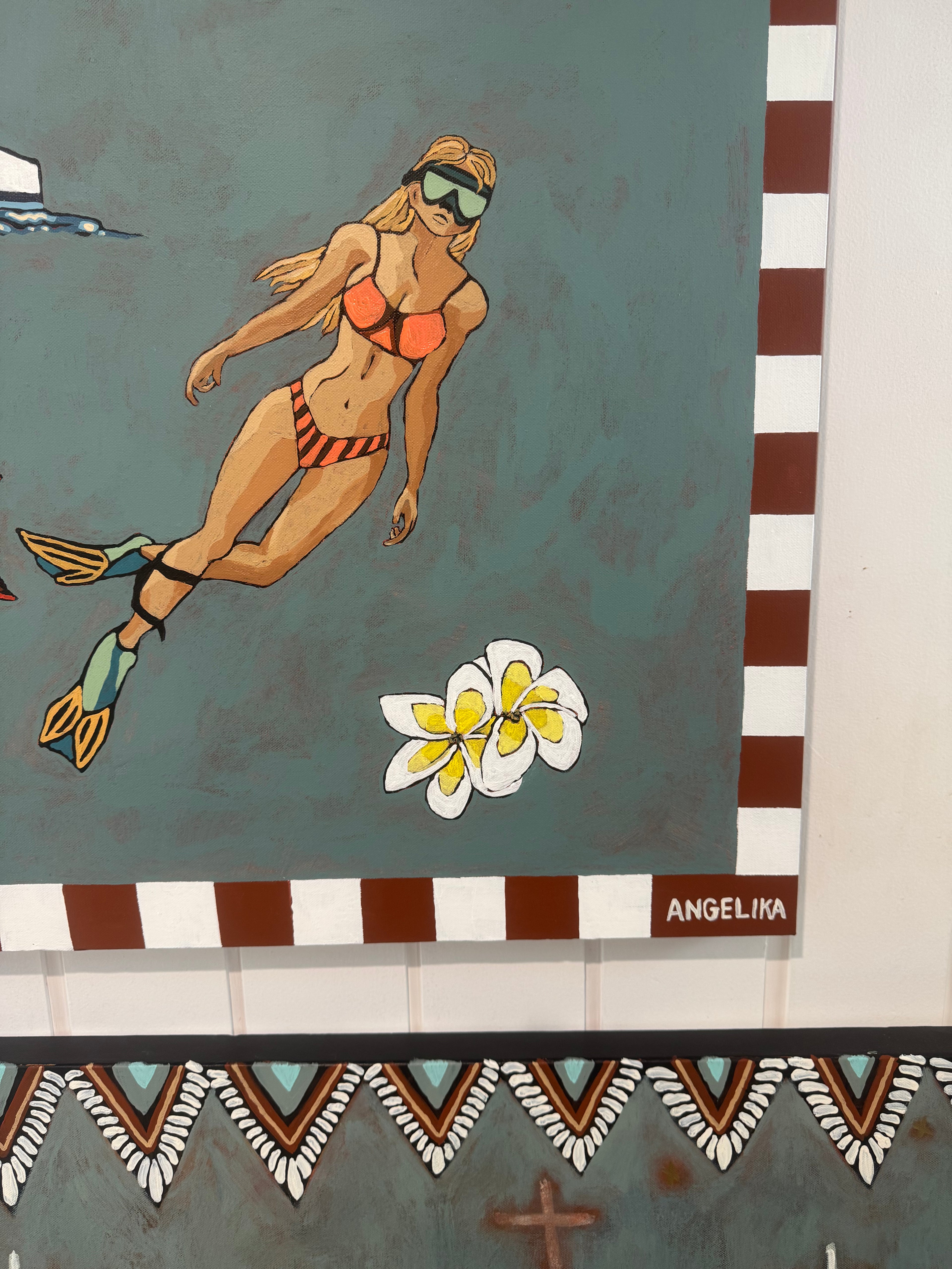 Artistic depiction of a swimmer with snorkel and flippers on a green background, featuring the artist's signature 'Angelika'.