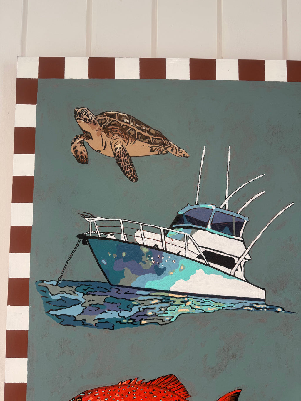 Illustration of a boat, turtle, and fish on a striped background