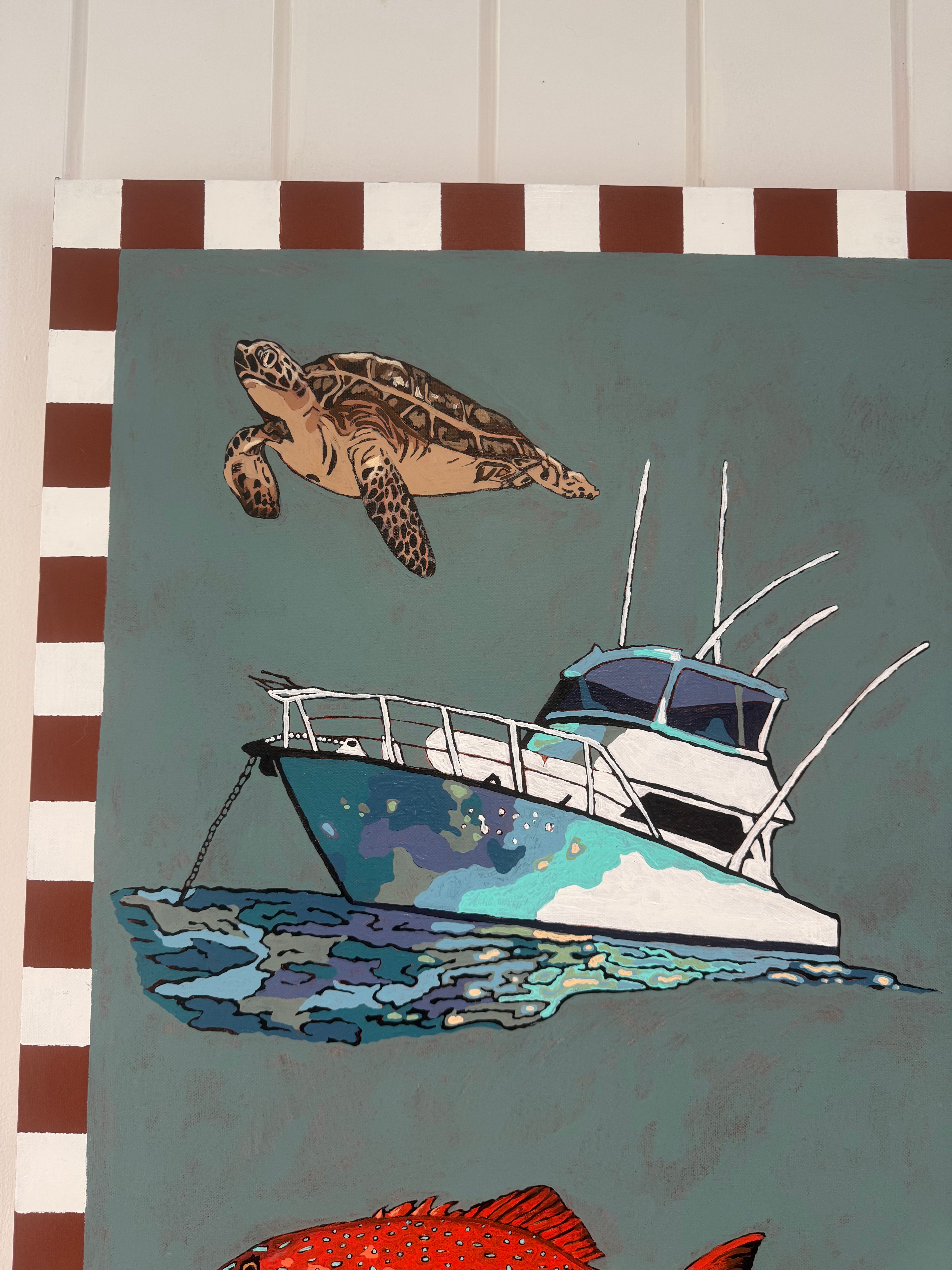 Illustration of a boat, turtle, and fish on a striped background